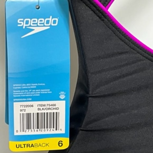 SPEEDO UltraBack Black With Purple Contrasting Piping One-Piece Swimsuit NWT - Picture 12 of 14